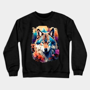 A Grey Wolf with Mountains, Floral Elements, Forests, Trees Crewneck Sweatshirt